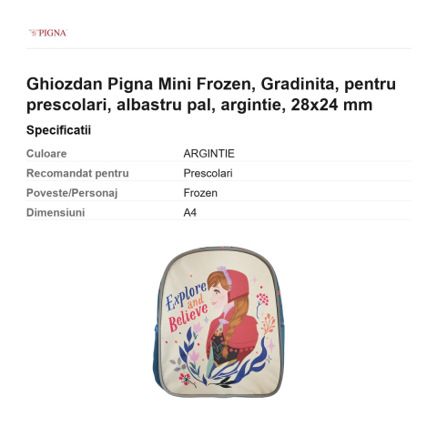 Ghiozdan Pigna Mini Frozen, pentru prescolari, albastru pal, argintie, 28x24 mm [2]