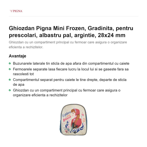 Ghiozdan Pigna Mini Frozen, pentru prescolari, albastru pal, argintie, 28x24 mm [1]