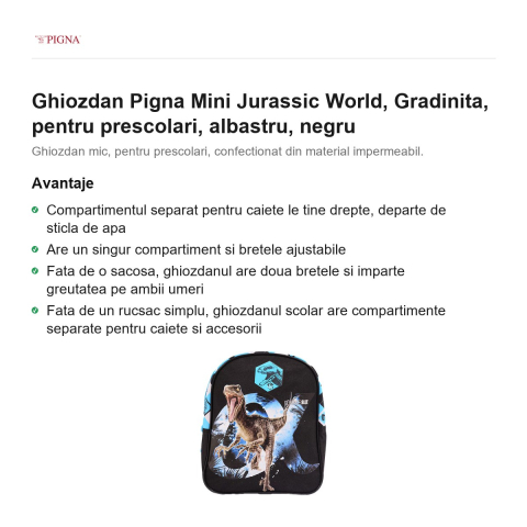 Ghiozdan Pigna Mini Jurassic World, pentru prescolari, albastru, negru [1]