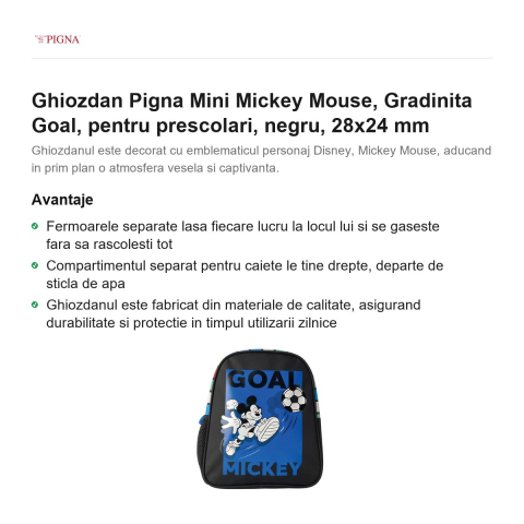 Ghiozdan Pigna Mini Mickey Mouse, pentru prescolari, goal, negru, 28x24 mm [1]