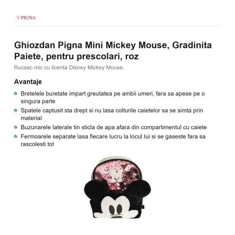 Ghiozdan Pigna Mini Mickey Mouse, pentru prescolari, paiete, roz [1]