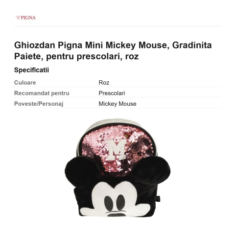 Ghiozdan Pigna Mini Mickey Mouse, pentru prescolari, paiete, roz [2]
