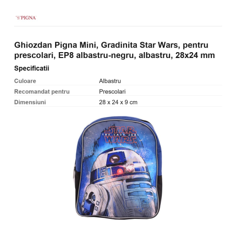 Ghiozdan Pigna Mini, pentru prescolari, star wars EP8 albastru-negru, albastru, 28x24 mm [2]