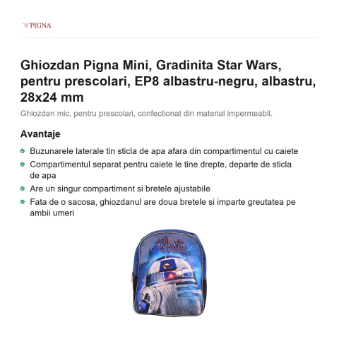 Ghiozdan Pigna Mini, pentru prescolari, star wars EP8 albastru-negru, albastru, 28x24 mm [1]