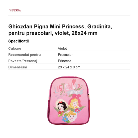 Ghiozdan Pigna Mini Princess, pentru prescolari, violet, 28x24 mm [2]