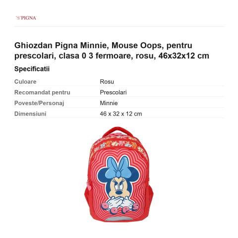 Ghiozdan Pigna Minnie, pentru prescolari, mouse oops 3 fermoare, rosu, 46x32x12 cm [2]