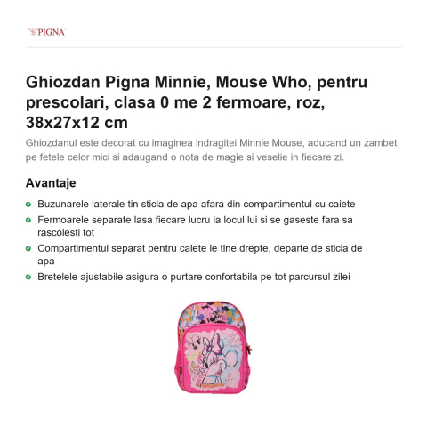 Ghiozdan Pigna Minnie, pentru prescolari, mouse who me 2 fermoare, roz, 38x27x12 cm [1]