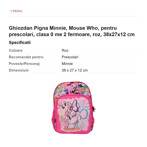 Ghiozdan Pigna Minnie, pentru prescolari, mouse who me 2 fermoare, roz, 38x27x12 cm [2]