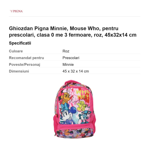 Ghiozdan Pigna Minnie, pentru prescolari, mouse who me 3 fermoare, roz, 45x32x14 cm [2]