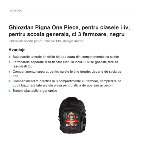 Ghiozdan Pigna One Piece, pentru clasele I-IV, cl 3 fermoare, negru [1]