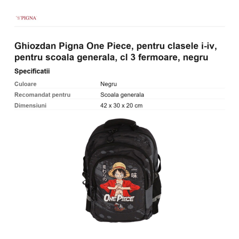 Ghiozdan Pigna One Piece, pentru clasele I-IV, cl 3 fermoare, negru [2]