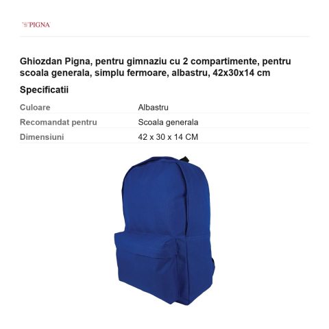 Ghiozdan Pigna, pentru gimnaziu cu 2 compartimente, simplu fermoare, albastru, 42x30x14 cm [2]