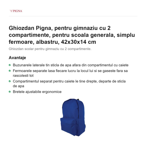 Ghiozdan Pigna, pentru gimnaziu cu 2 compartimente, simplu fermoare, albastru, 42x30x14 cm [1]