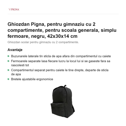 Ghiozdan Pigna, pentru gimnaziu cu 2 compartimente, simplu fermoare, negru, 42x30x14 cm [1]