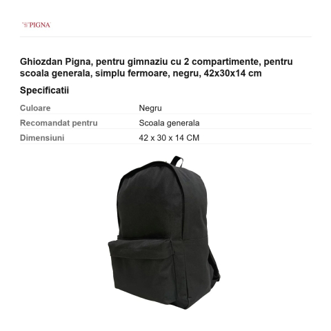 Ghiozdan Pigna, pentru gimnaziu cu 2 compartimente, simplu fermoare, negru, 42x30x14 cm [2]