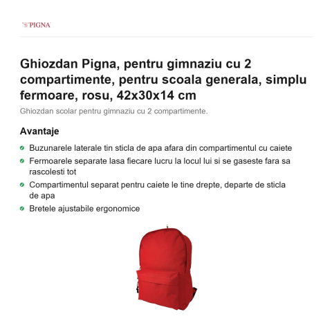 Ghiozdan Pigna, pentru gimnaziu cu 2 compartimente, simplu fermoare, rosu, 42x30x14 cm [1]