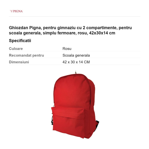 Ghiozdan Pigna, pentru gimnaziu cu 2 compartimente, simplu fermoare, rosu, 42x30x14 cm [2]