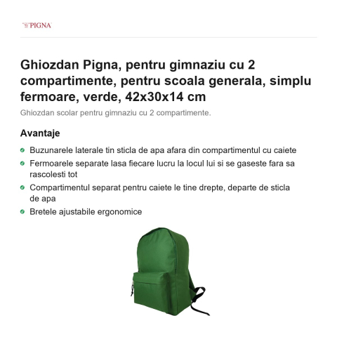 Ghiozdan Pigna, pentru gimnaziu cu 2 compartimente, simplu fermoare, verde, 42x30x14 cm [1]