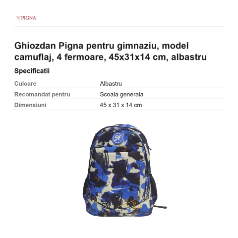 Ghiozdan Pigna pentru gimnaziu, model camuflaj, 4 fermoare, 45x31x14 cm, albastru [2]