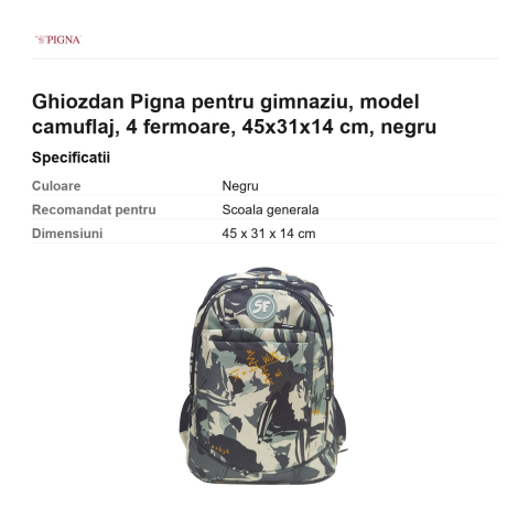 Ghiozdan Pigna pentru gimnaziu, model camuflaj, 4 fermoare, 45x31x14 cm, negru [2]