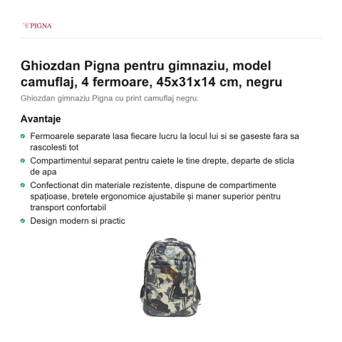 Ghiozdan Pigna pentru gimnaziu, model camuflaj, 4 fermoare, 45x31x14 cm, negru [1]