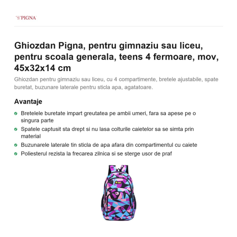 Ghiozdan Pigna, pentru gimnaziu sau liceu, teens 4 fermoare, mov, 45x32x14 cm [1]