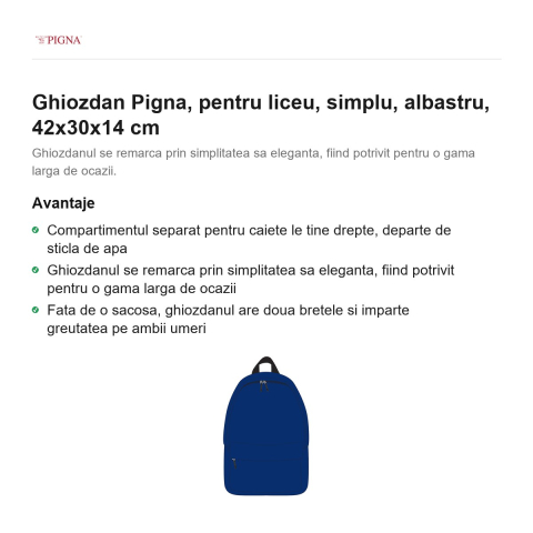 Ghiozdan Pigna, pentru liceu, simplu, albastru, 42x30x14 cm [1]