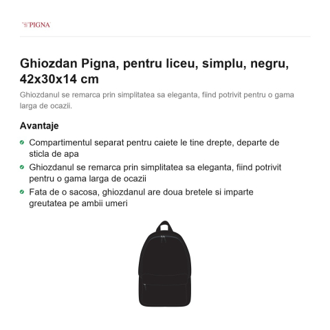 Ghiozdan Pigna, pentru liceu, simplu, negru, 42x30x14 cm [1]