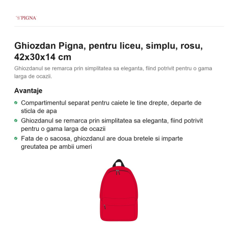 Ghiozdan Pigna, pentru liceu, simplu, rosu, 42x30x14 cm [1]