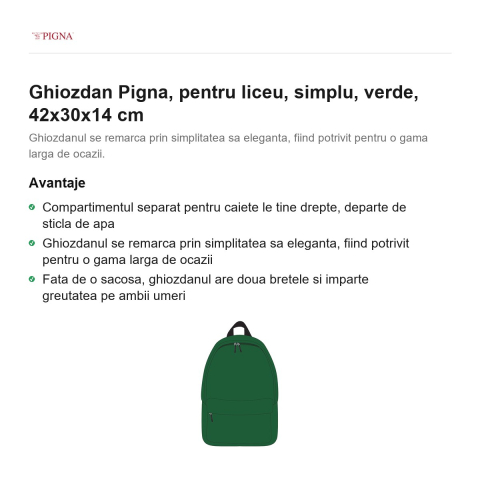 Ghiozdan Pigna, pentru liceu, simplu, verde, 42x30x14 cm [1]