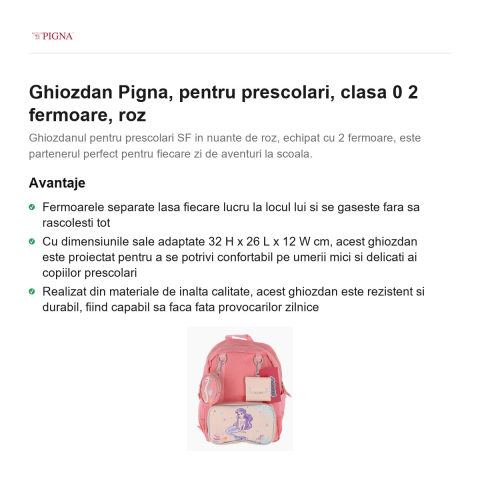 Ghiozdan Pigna, pentru prescolari, 2 fermoare, roz [1]