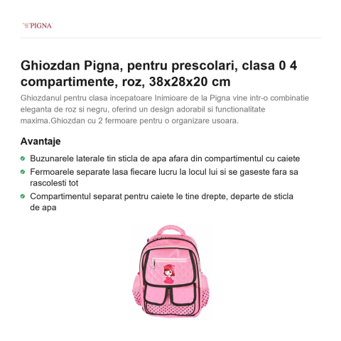 Ghiozdan Pigna, pentru prescolari, 4 compartimente, roz, 38x28x20 cm [1]