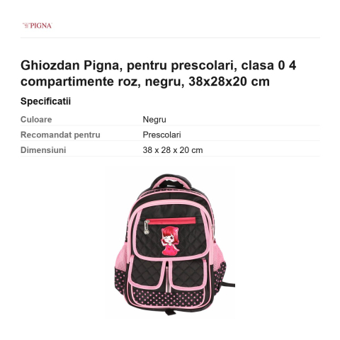 Ghiozdan Pigna, pentru prescolari, 4 compartimente roz, negru, 38x28x20 cm [2]