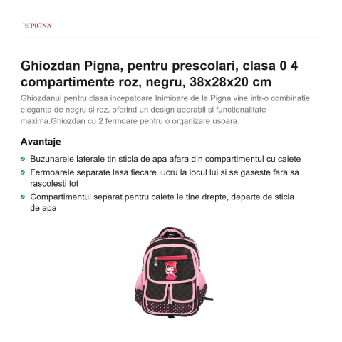 Ghiozdan Pigna, pentru prescolari, 4 compartimente roz, negru, 38x28x20 cm [1]