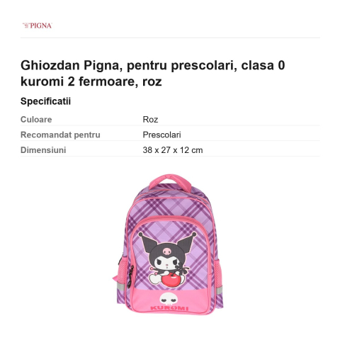 Ghiozdan Pigna, pentru prescolari, kuromi 2 fermoare, roz [2]