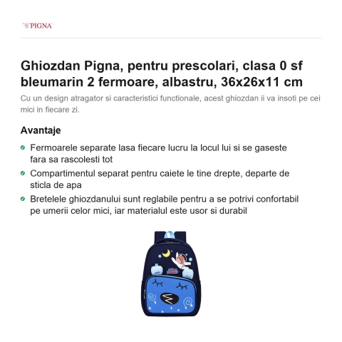 Ghiozdan Pigna, pentru prescolari, sf bleumarin 2 fermoare, albastru, 36x26x11 cm [1]
