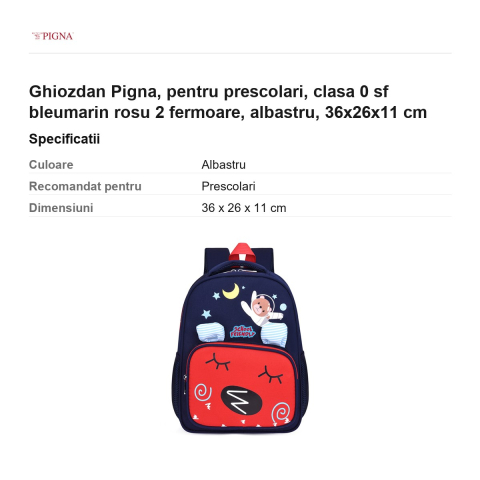 Ghiozdan Pigna, pentru prescolari, sf bleumarin rosu 2 fermoare, albastru, 36x26x11 cm [2]