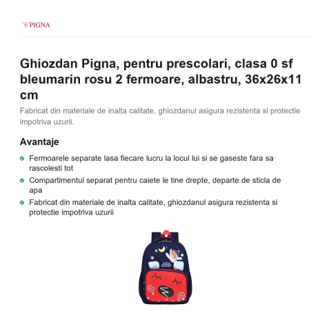 Ghiozdan Pigna, pentru prescolari, sf bleumarin rosu 2 fermoare, albastru, 36x26x11 cm [1]