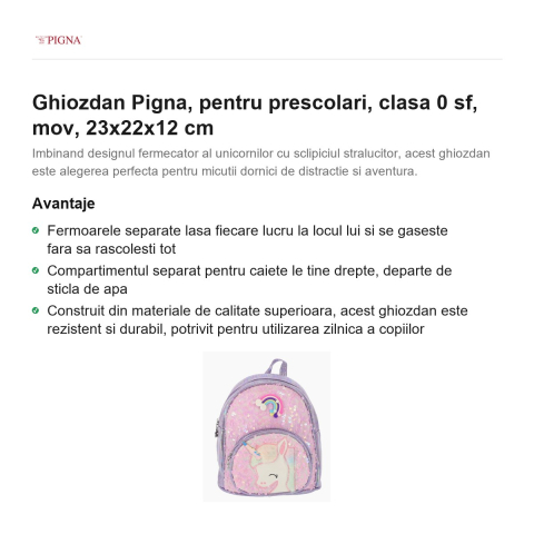 Ghiozdan Pigna, pentru prescolari, sf, mov, 23x22x12 cm [1]