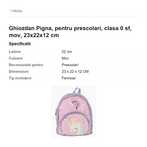 Ghiozdan Pigna, pentru prescolari, sf, mov, 23x22x12 cm [2]
