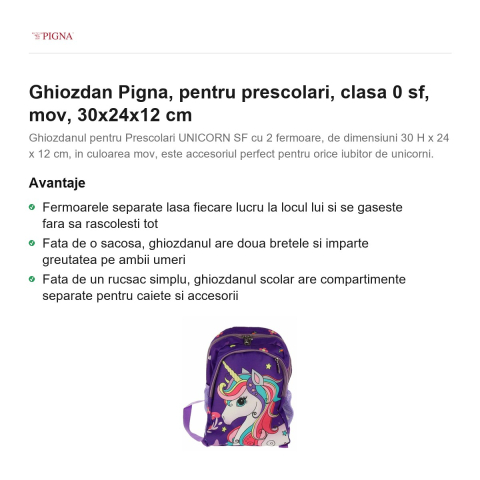 Ghiozdan Pigna, pentru prescolari, sf, mov, 30x24x12 cm [1]