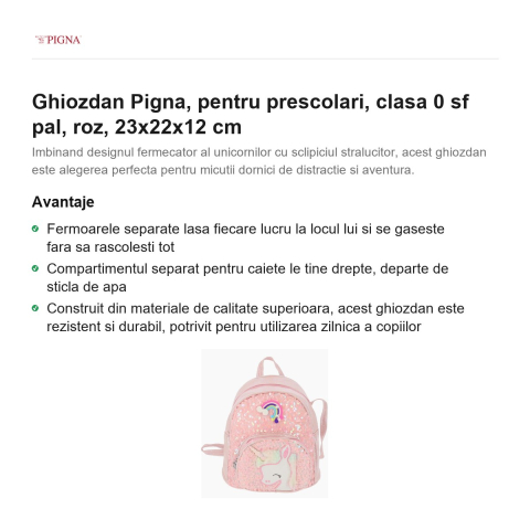 Ghiozdan Pigna, pentru prescolari, sf pal, roz, 23x22x12 cm [1]