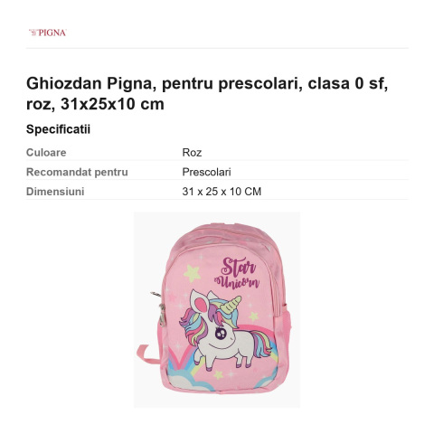 Ghiozdan Pigna, pentru prescolari, sf, roz, 31x25x10 cm [2]