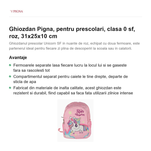 Ghiozdan Pigna, pentru prescolari, sf, roz, 31x25x10 cm [1]