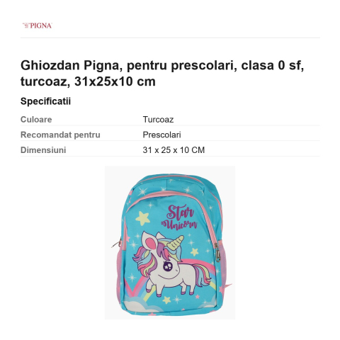 Ghiozdan Pigna, pentru prescolari, sf, turcoaz, 31x25x10 cm [2]