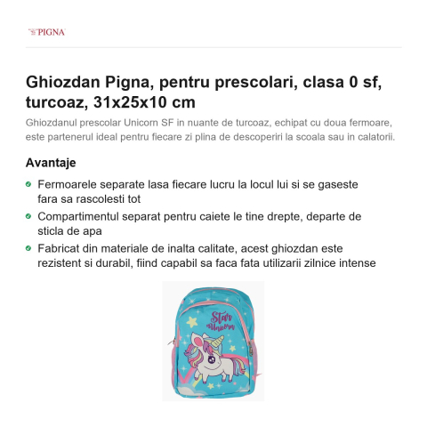 Ghiozdan Pigna, pentru prescolari, sf, turcoaz, 31x25x10 cm [1]