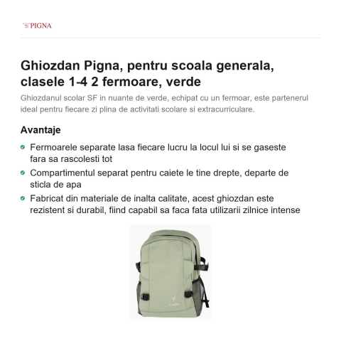 Ghiozdan Pigna, pentru scoala generala, 2 fermoare, verde [1]