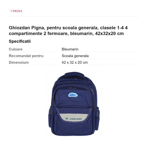 Ghiozdan Pigna, pentru scoala generala, 4 compartimente 2 fermoare, bleumarin, 42x32x20 cm [2]
