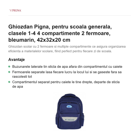 Ghiozdan Pigna, pentru scoala generala, 4 compartimente 2 fermoare, bleumarin, 42x32x20 cm [1]