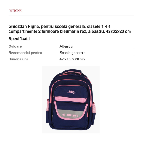 Ghiozdan Pigna, pentru scoala generala, 4 compartimente 2 fermoare bleumarin roz, albastru, 42x32x20 cm [2]